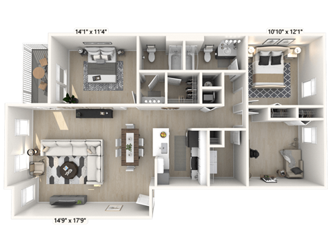 The Republic - 3 BR 2 BA Floor Plan at Alexandria of Carmel Apartments, Indiana, 46032